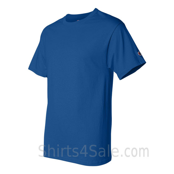 champion blue short sleeve tagless men's tee shirt side  view