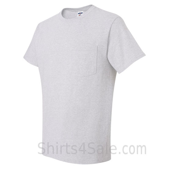 light gray heavyweight durable fabric men's tshirt with a pocket side view
