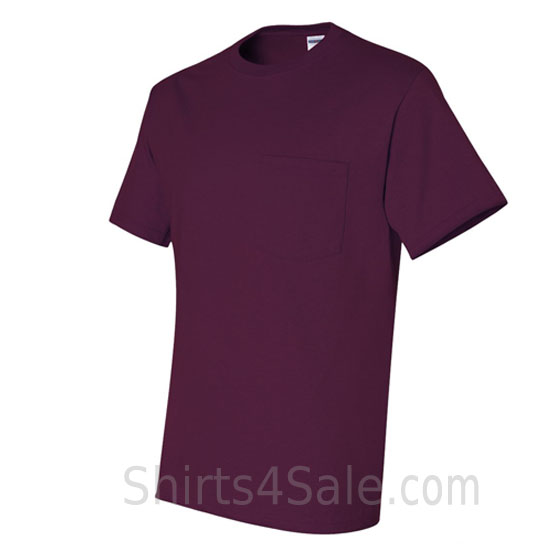 maroon heavyweight durable fabric men's tshirt with a pocket side view