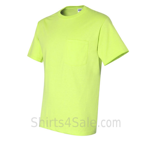 neon green heavyweight durable fabric men's tshirt with a pocket side view