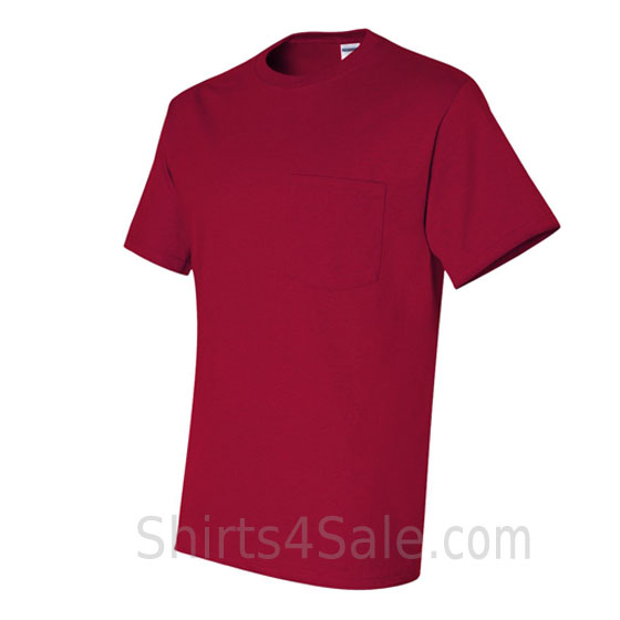 red heavyweight durable fabric men's tshirt with a pocket side view